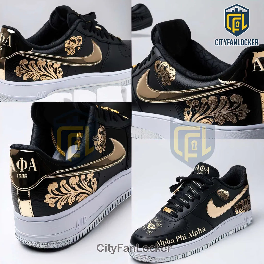 Alpha Phi Alpha Premium Ornate Gold Black Nike Air Force 1 Custom Shoes