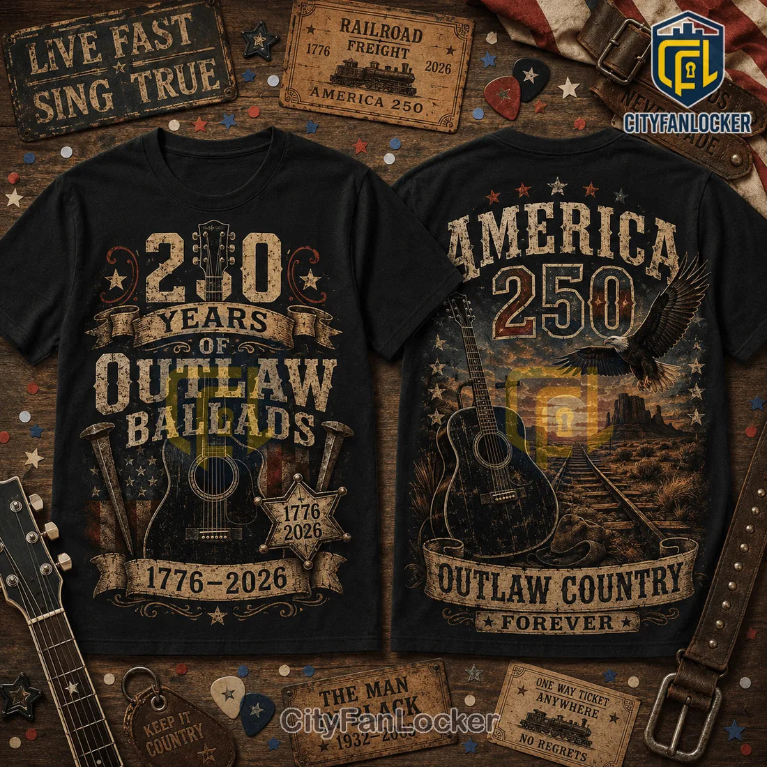 America 250 Outlaw Country Music Vintage Black Unisex Crewneck Shirt