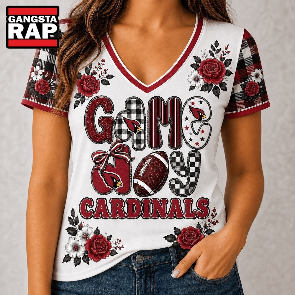 Arizona Cardinals NFL Football Flowers Team Pride V Neck T Shirt