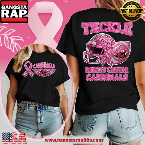 Arizona Cardinals NFL Glitter Tackle Breast Cancer 2025 Black Women’s 3D Shirt