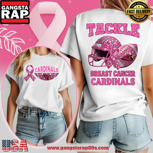 Arizona Cardinals NFL Glitter Tackle Breast Cancer 2025 White Women’s 3D Shirt