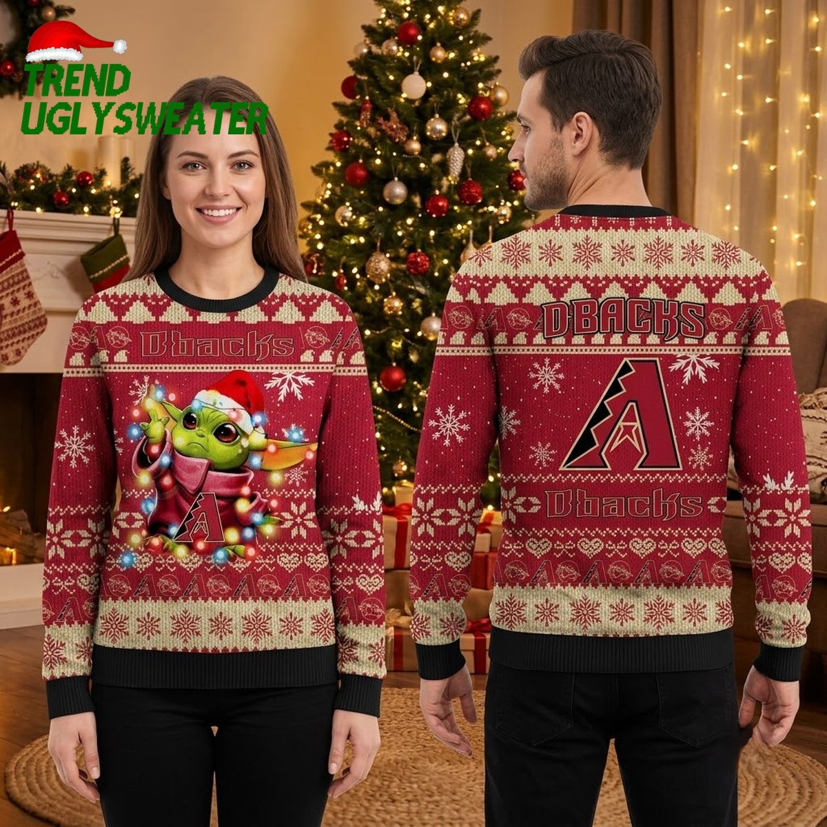 Arizona Diamondbacks Baby Yoda Christmas Lights Ugly Christmas Sweater