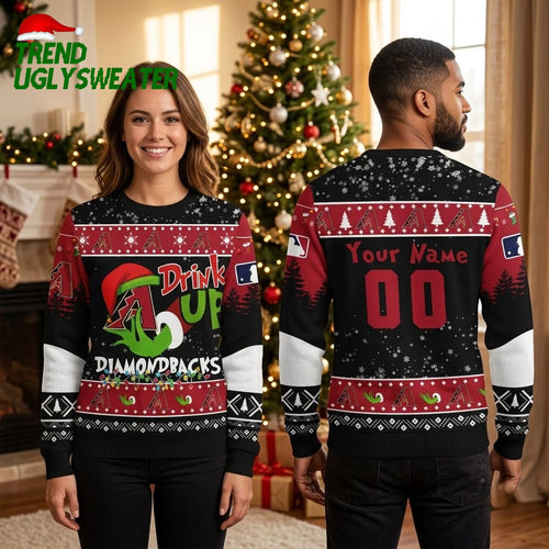 Arizona Diamondbacks Drink Up Grinch Custom Name And Number Ugly Christmas Sweater