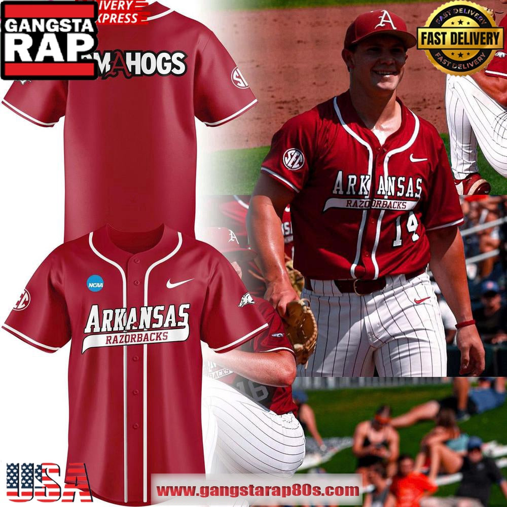 Arkansas Razorbacks Men’s College World Series Omahogs 2025 Red Baseball Jersey Shirt