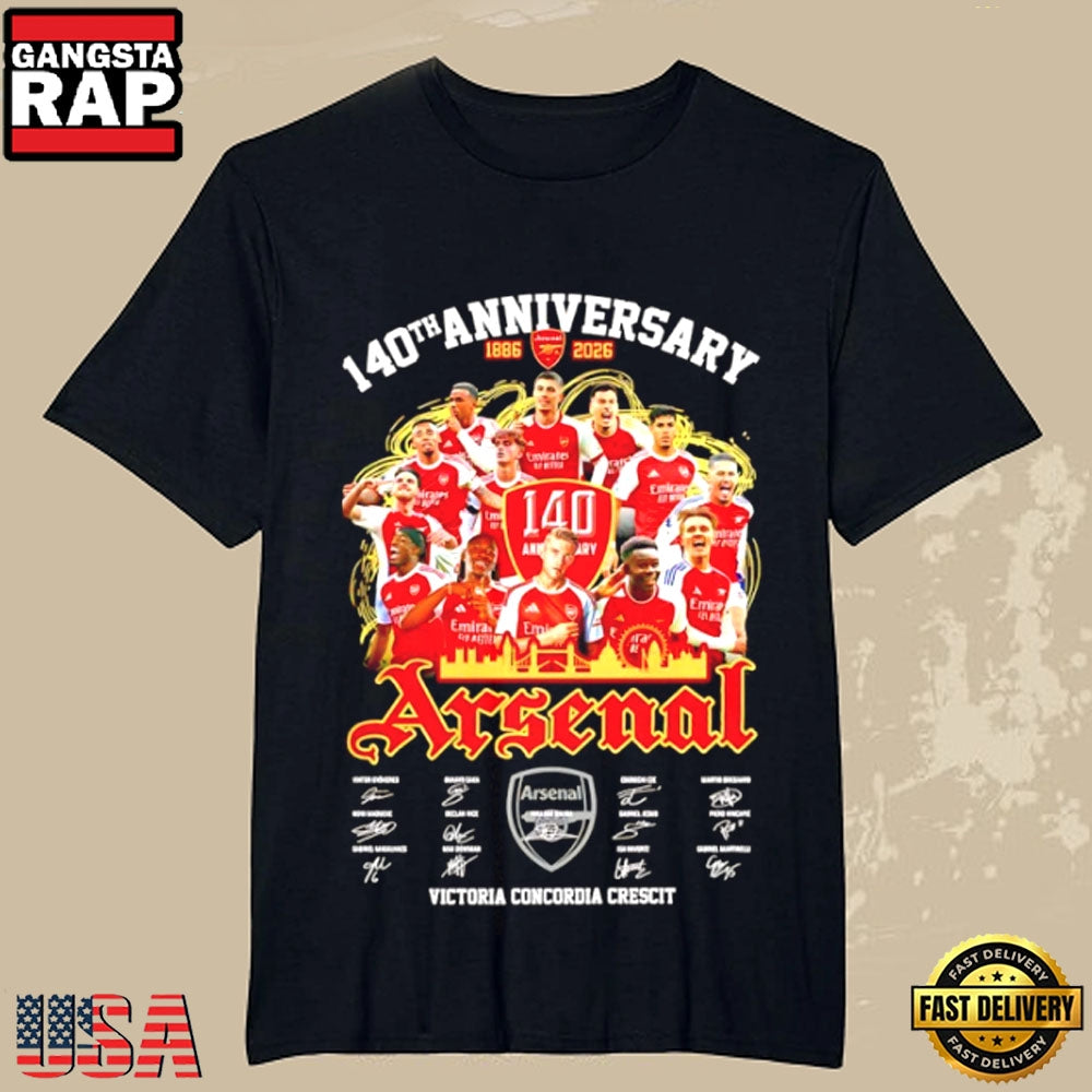 Arsenal 1886-2026 140th Anniversary Victoria Concordia Crescit Team Signatures T-Shirt