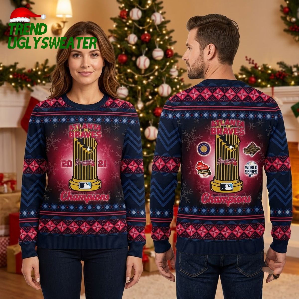 Atlanta Braves 2021 World Series Trophy Champions Ugly Christmas Sweater