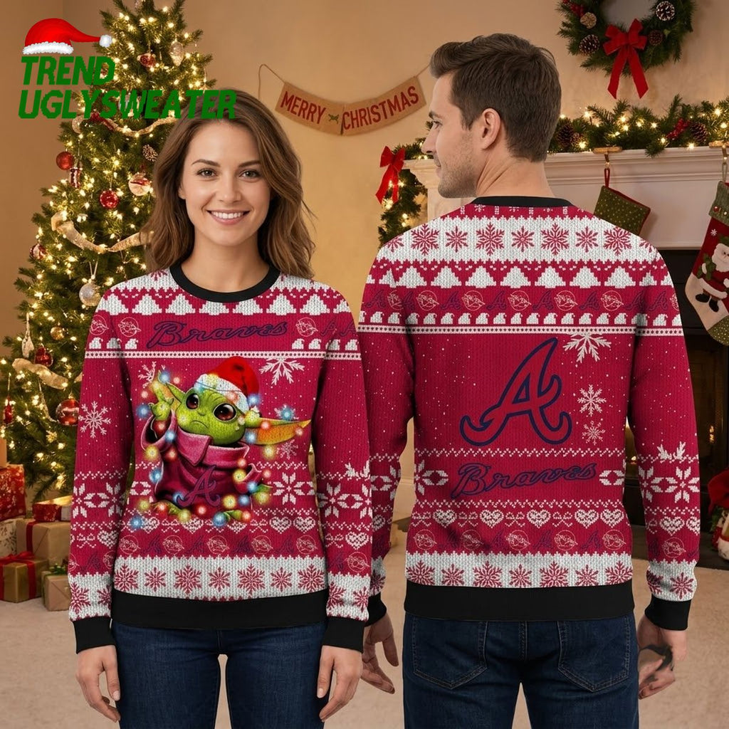 Atlanta Braves Baby Yoda Christmas Lights Ugly Christmas Sweater
