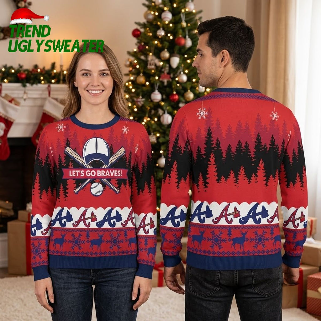 Atlanta Braves Baseball Helmet And Crossed Bats Let’s Go Braves Ugly Christmas Sweater