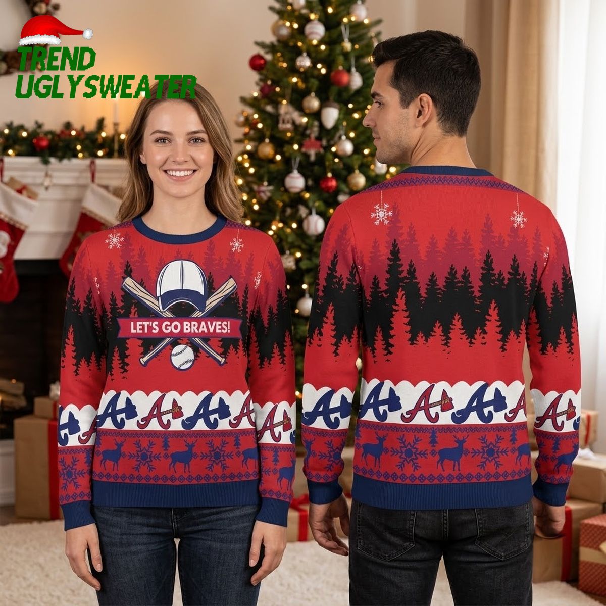 Atlanta Braves Baseball Helmet And Crossed Bats Let’s Go Braves Ugly Christmas Sweater
