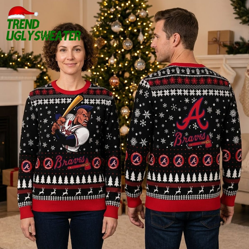 Atlanta Braves Baseball Player Snowflake Pattern Ugly Christmas Sweater