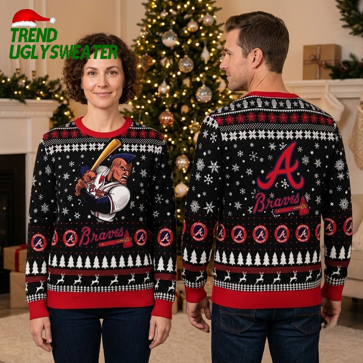 Atlanta Braves Baseball Player Snowflake Pattern Ugly Christmas Sweater
