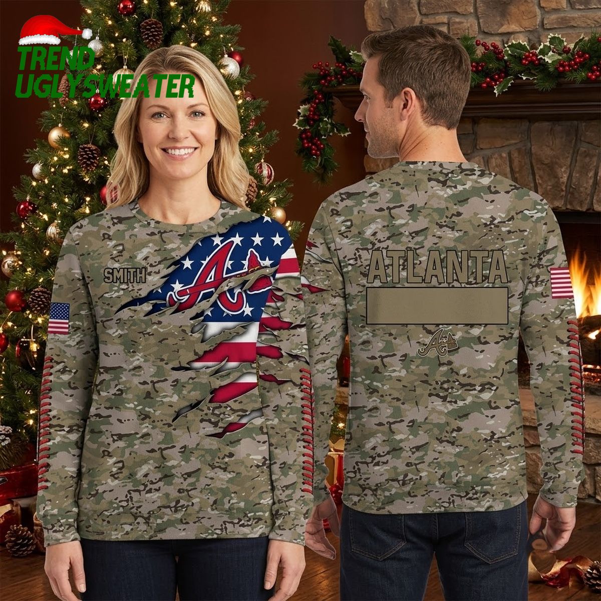 Atlanta Braves Camouflage American Flag Custom Name Ugly Christmas Sweater