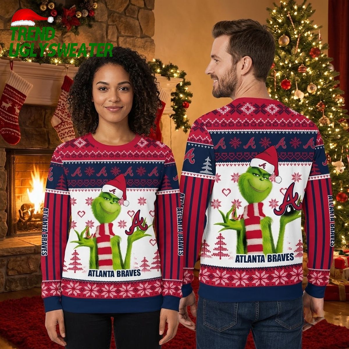 Atlanta Braves Grinch Santa Hat Ugly Christmas Sweater
