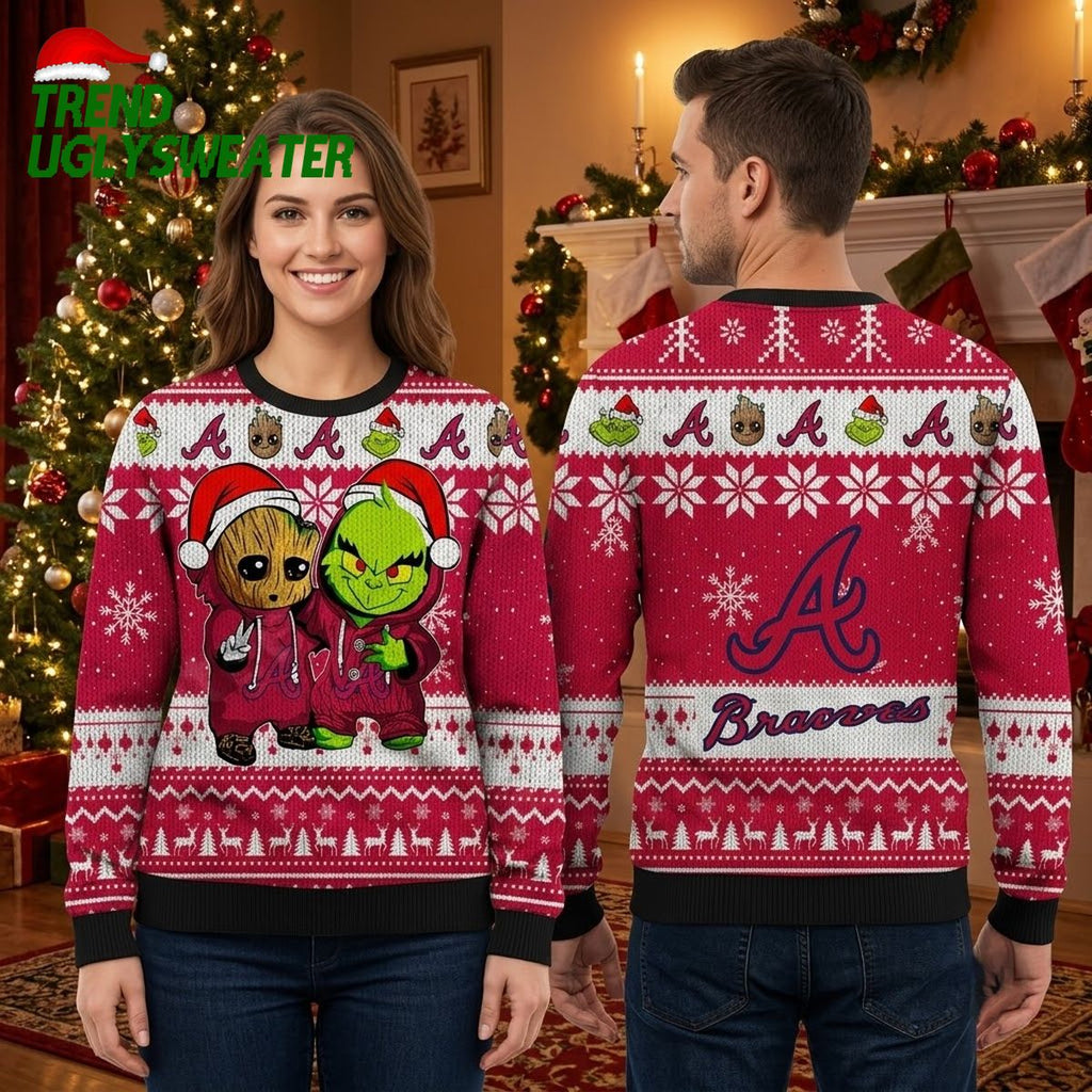 Atlanta Braves Groot And Grinch Santa Hat Ugly Christmas Sweater