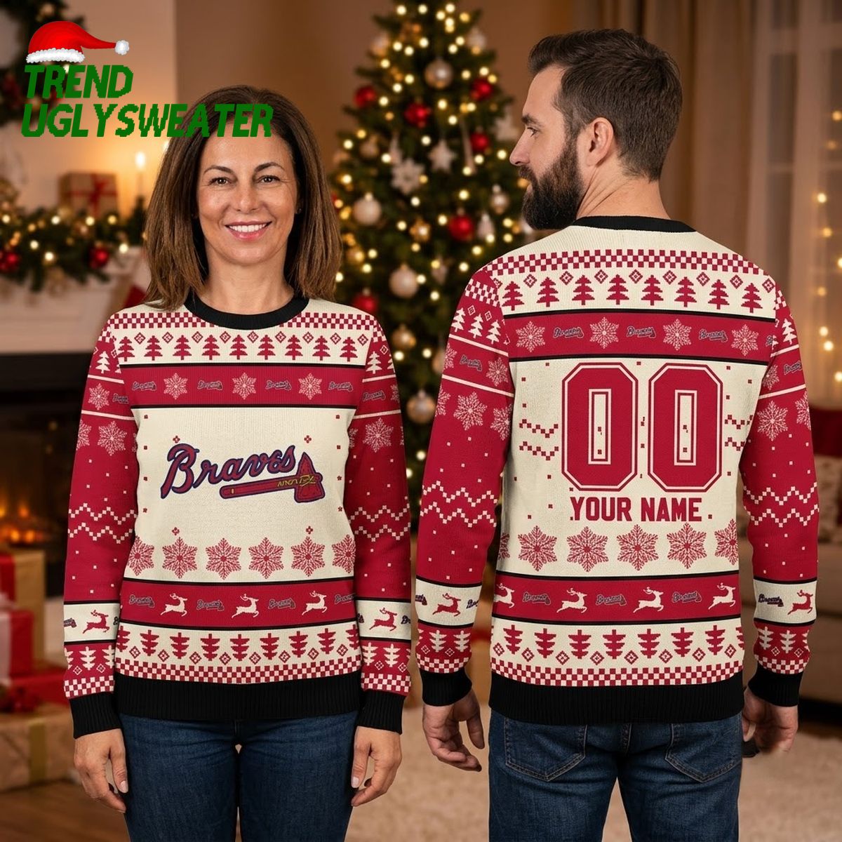 Atlanta Braves Reindeer Pattern Custom Name And Number Ugly Christmas Sweater