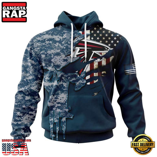 NFL Atlanta Falcons Navy Camo Veteran All Over Print Hoodie