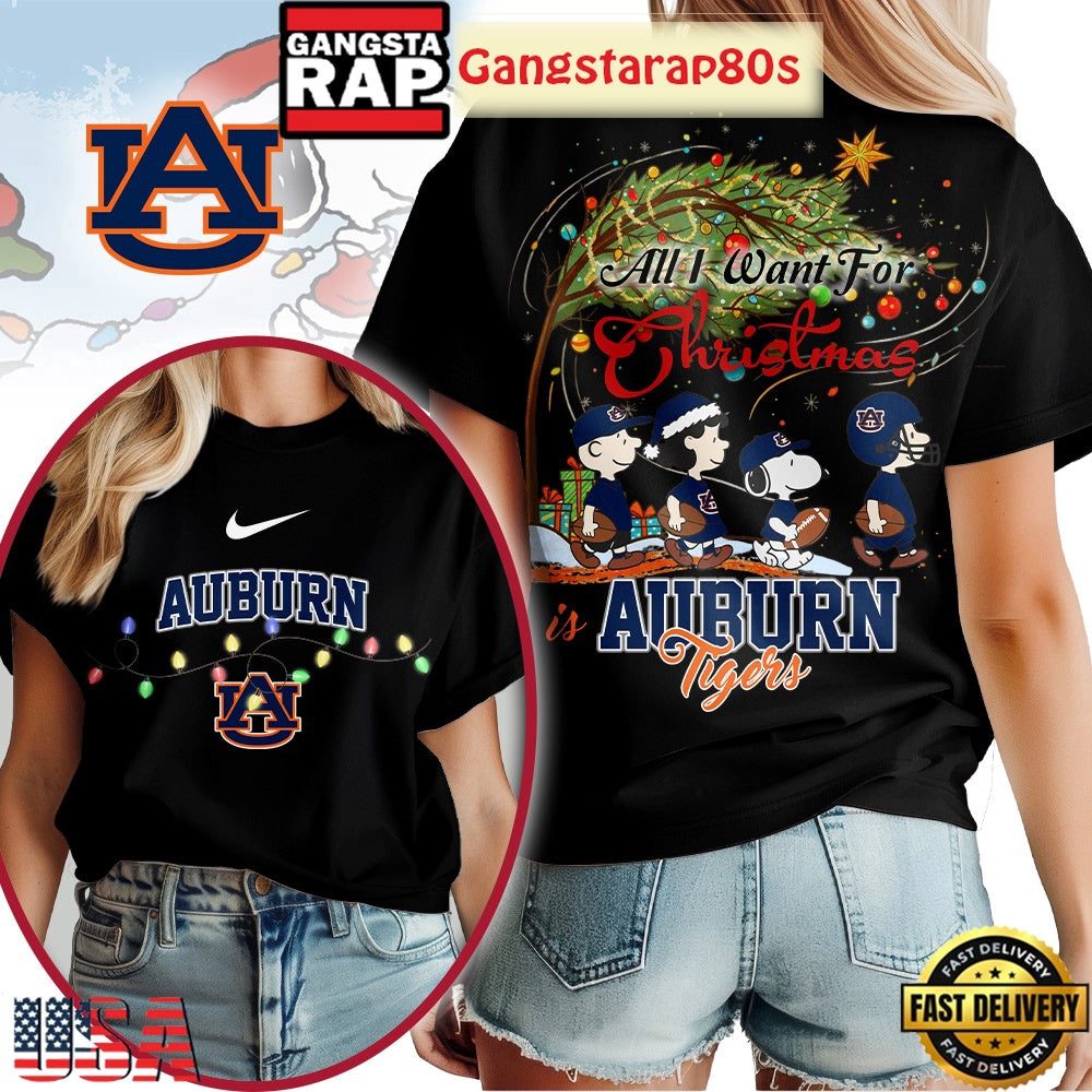 Auburn Tigers NCAA All I Want For Christmas Peanuts New Edition Black Shirt