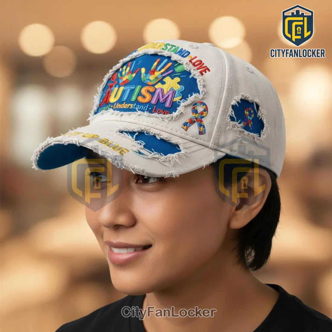 Autism Acceptance Puzzle Hands Distressed Light It Up Blue Baseball Cap