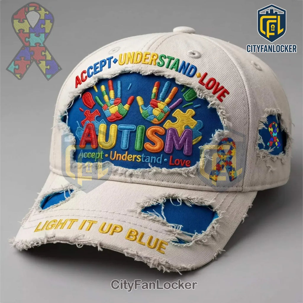 Autism Acceptance Puzzle Hands Distressed Light It Up Blue Baseball Cap