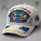 Autism Acceptance Puzzle Hands Distressed Light It Up Blue Baseball Cap