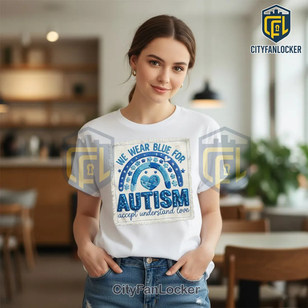 Autism Awareness Blue Puzzle Rainbow Sequin Patch Graphic T-Shirt