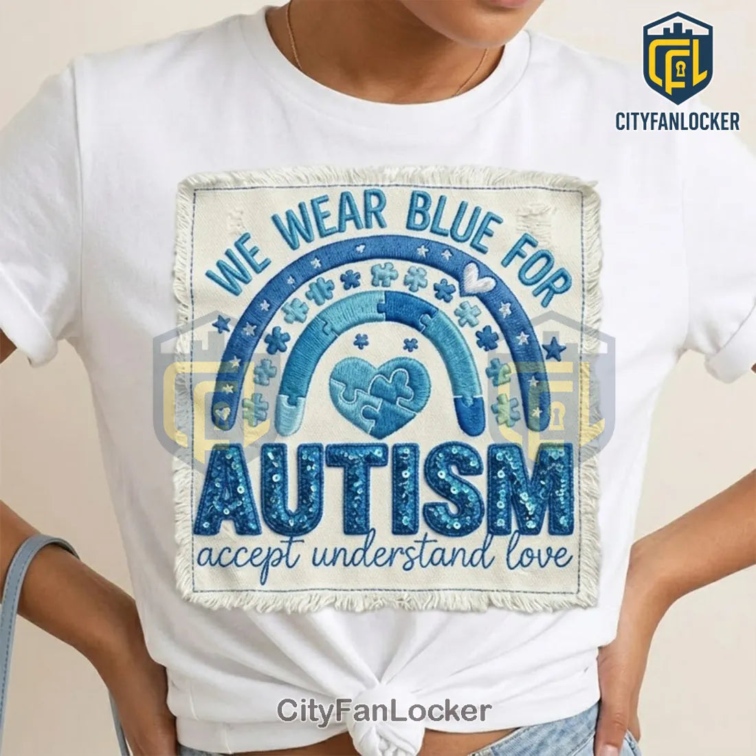 Autism Awareness Blue Puzzle Rainbow Sequin Patch Graphic T-Shirt