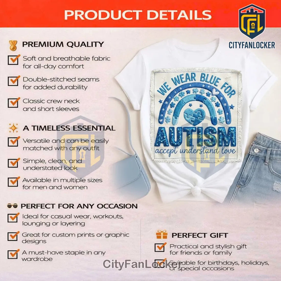 Autism Awareness Blue Puzzle Rainbow Sequin Patch Graphic T-Shirt