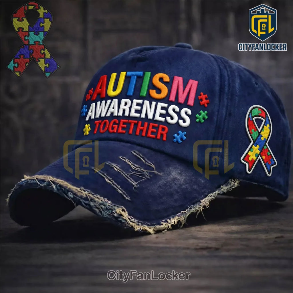 Autism Awareness Puzzle Ribbon Distressed Baseball Cap 2026