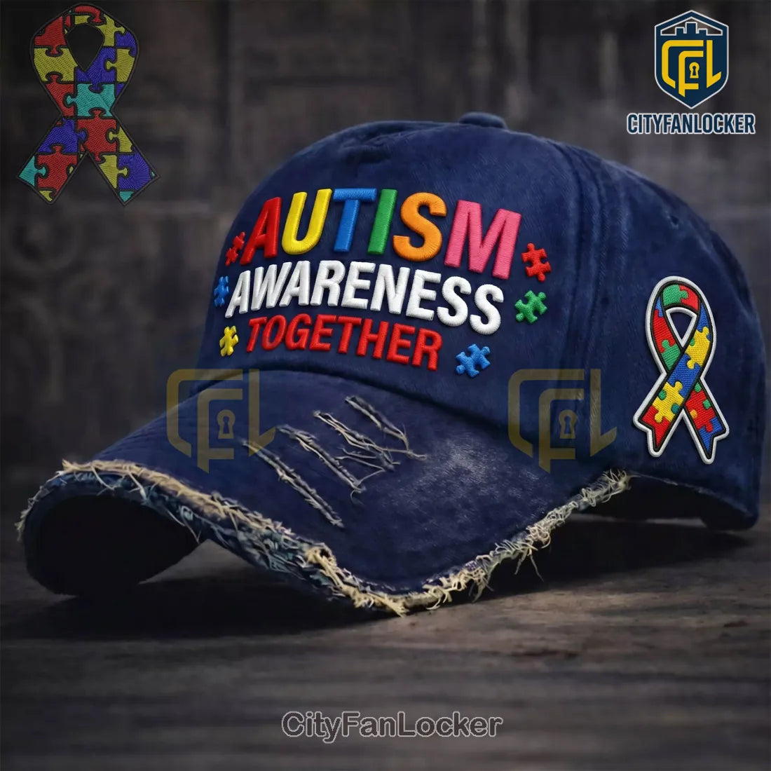 Autism Awareness Puzzle Ribbon Distressed Baseball Cap 2026