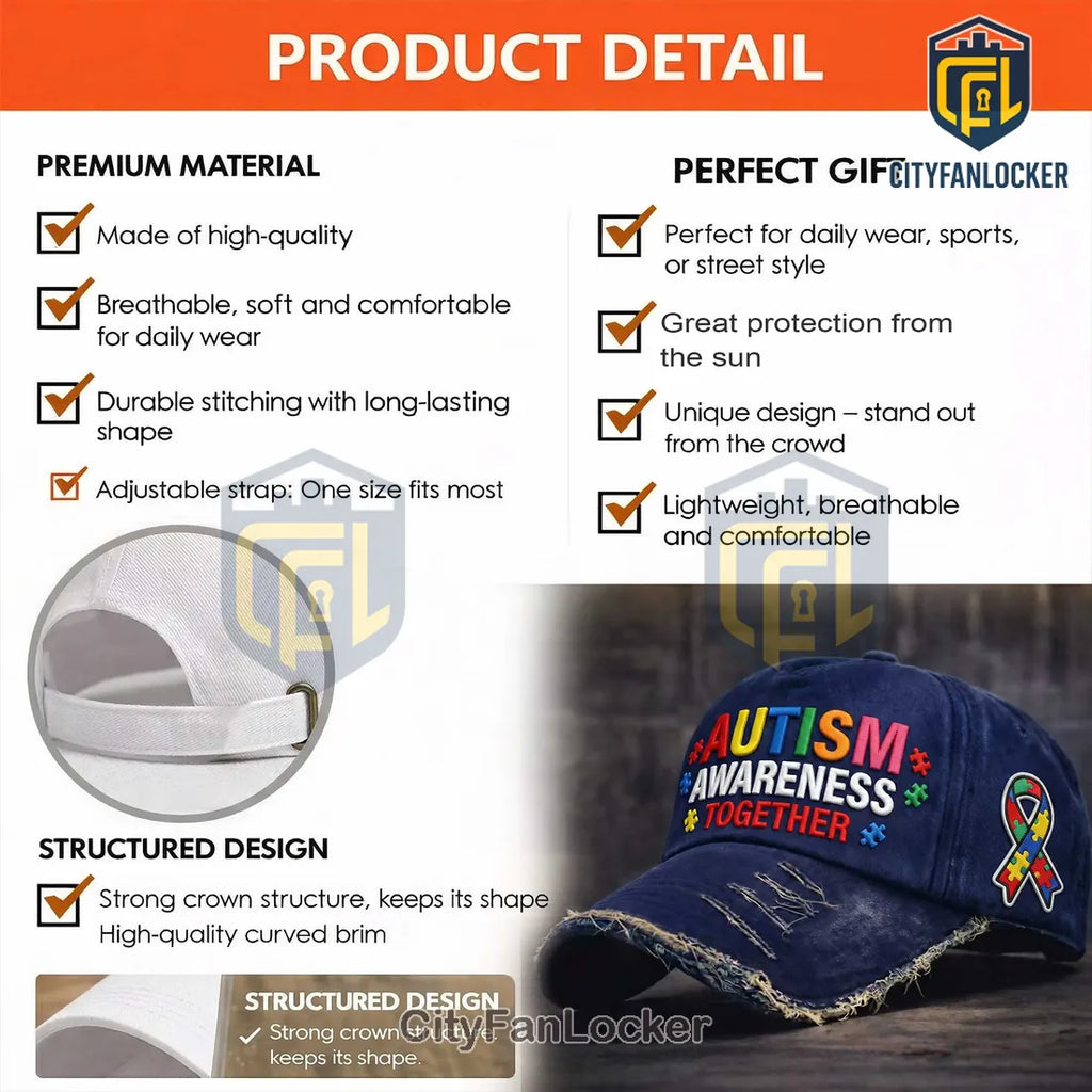 Autism Awareness Puzzle Ribbon Distressed Baseball Cap 2026