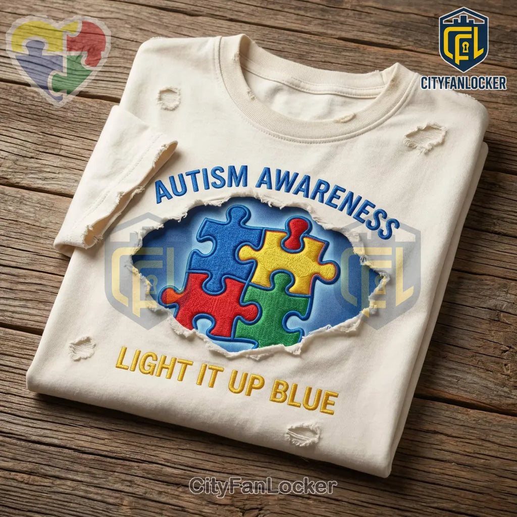 Autism Puzzle Piece Support Distressed Ripped Embroidered T-Shirt