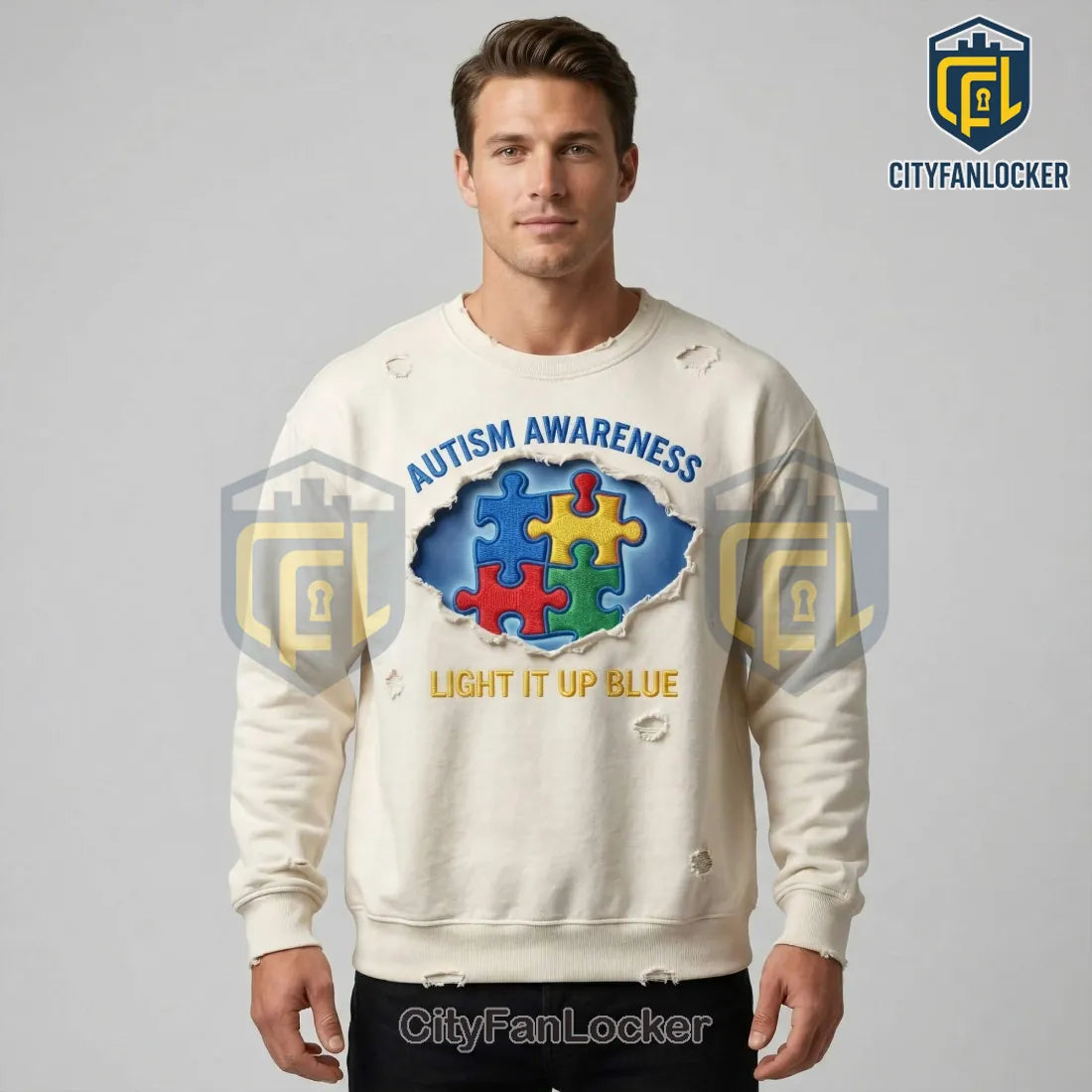 Autism Puzzle Piece Support Distressed Ripped Embroidered T-Shirt