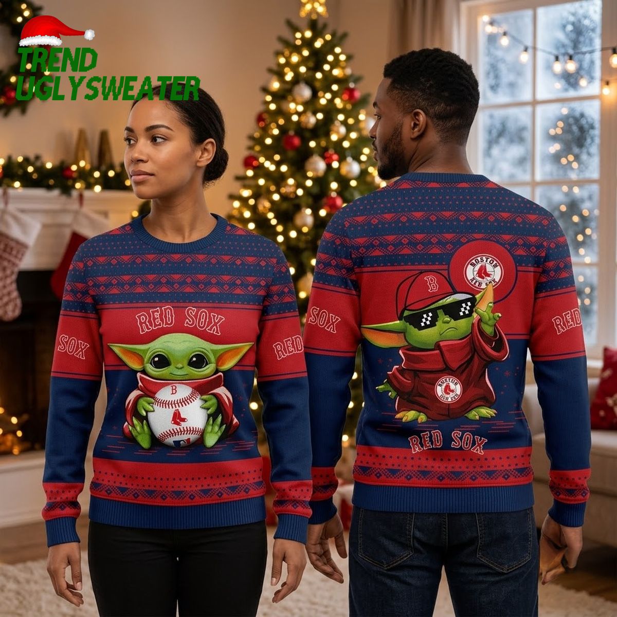 Baby Yoda Boston Red Sox Baseball Navy And Red Ugly Christmas Sweater