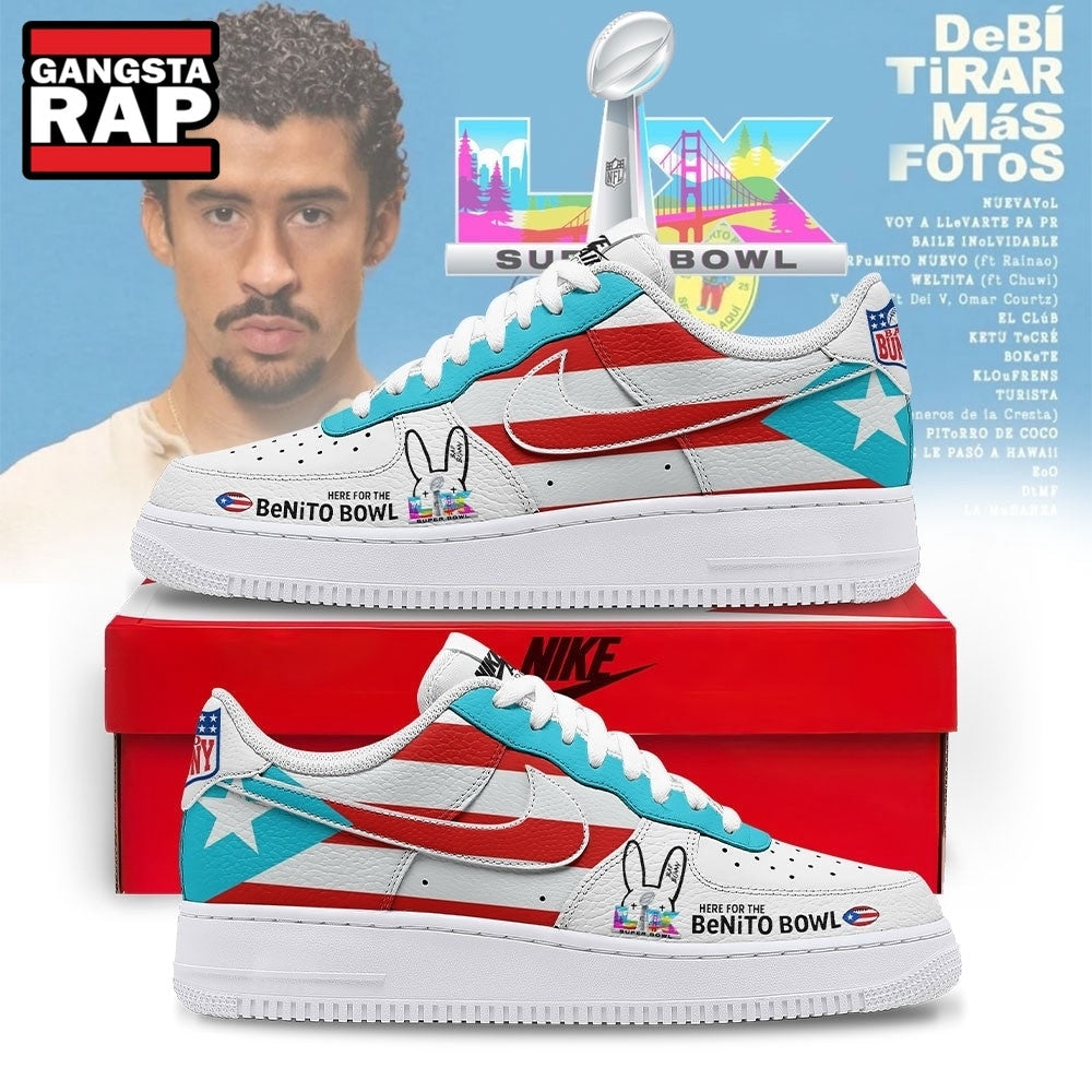 Bad Bunny Benito Bowl Puerto Rico Flag Red & Blue Graphic Custom Air Force 1 Shoes, Music Air Force 1 Shoes