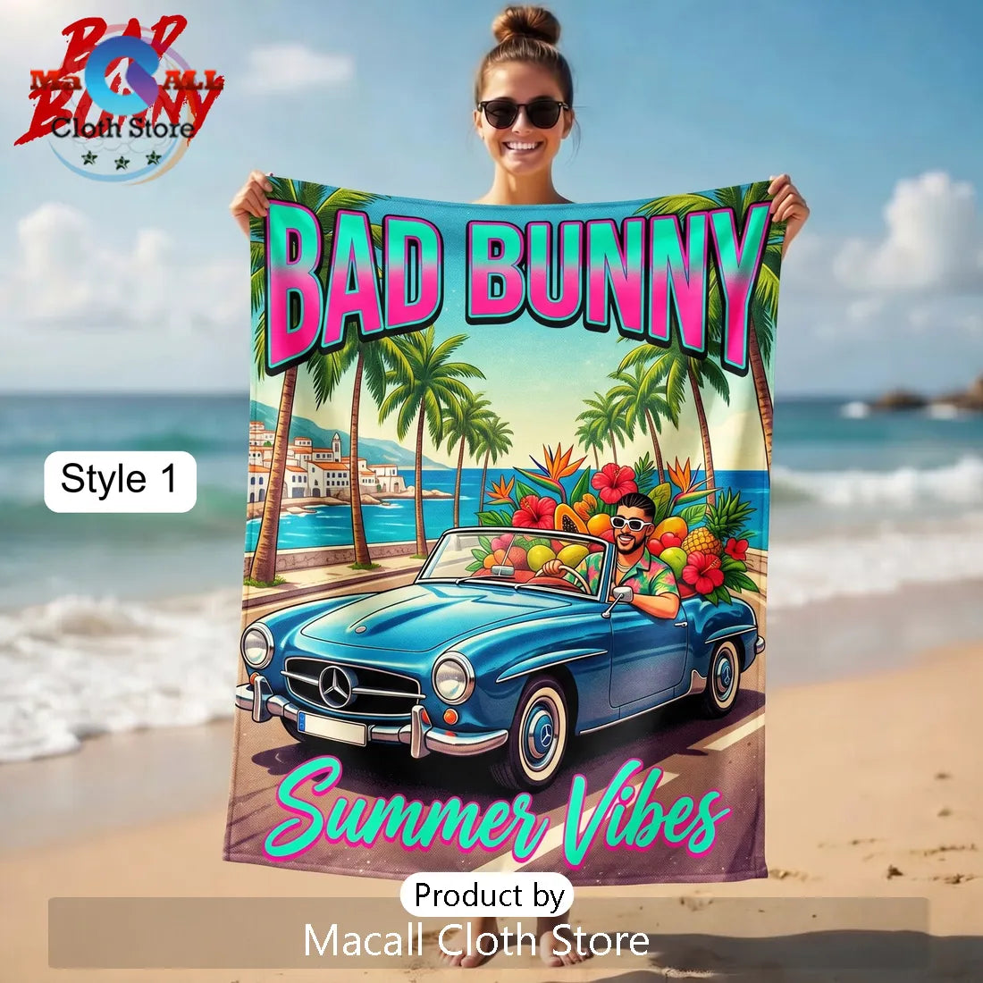 Bad Bunny Summer Vibes Vintage Car Tropical Premium Beach Towel