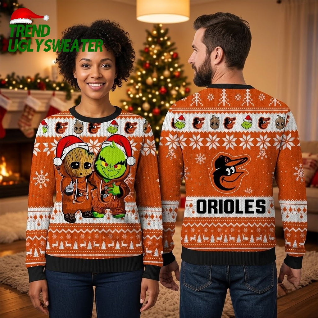 Baltimore Orioles Baby Groot And Grinch Santa Hat Ugly Christmas Sweater