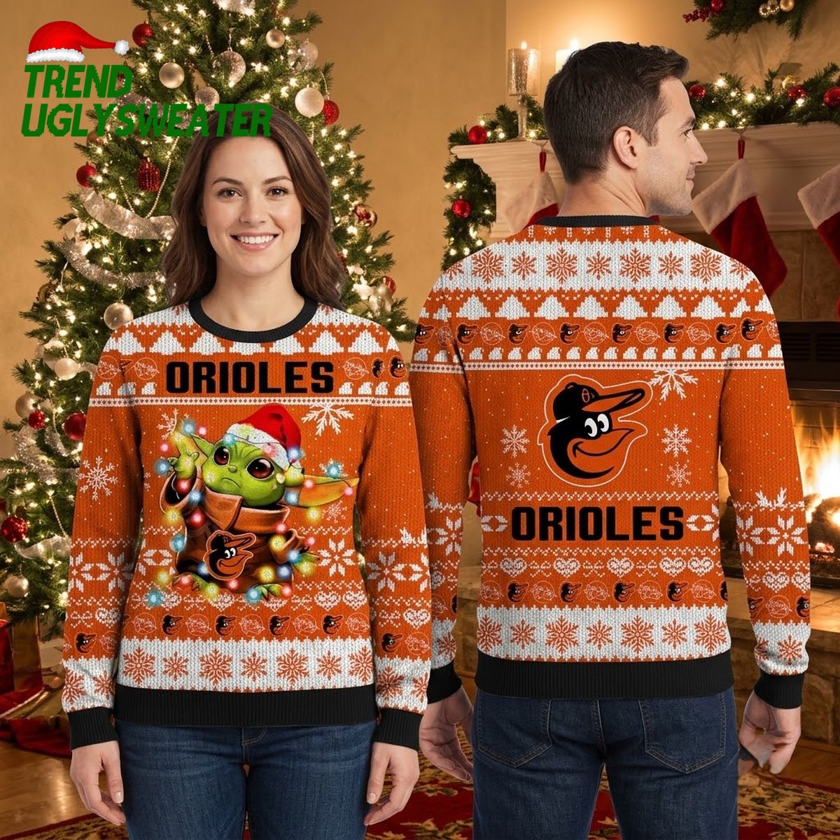 Baltimore Orioles Baby Yoda Christmas Lights Ugly Christmas Sweater