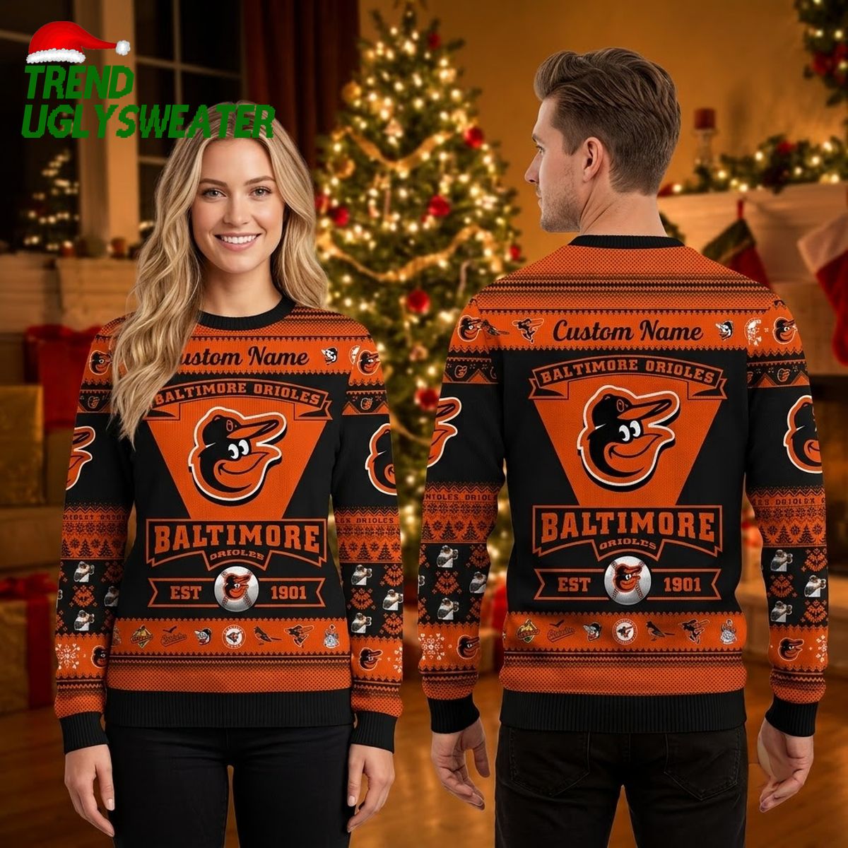 Baltimore Orioles Bird Mascot Custom Name Ugly Christmas Sweater