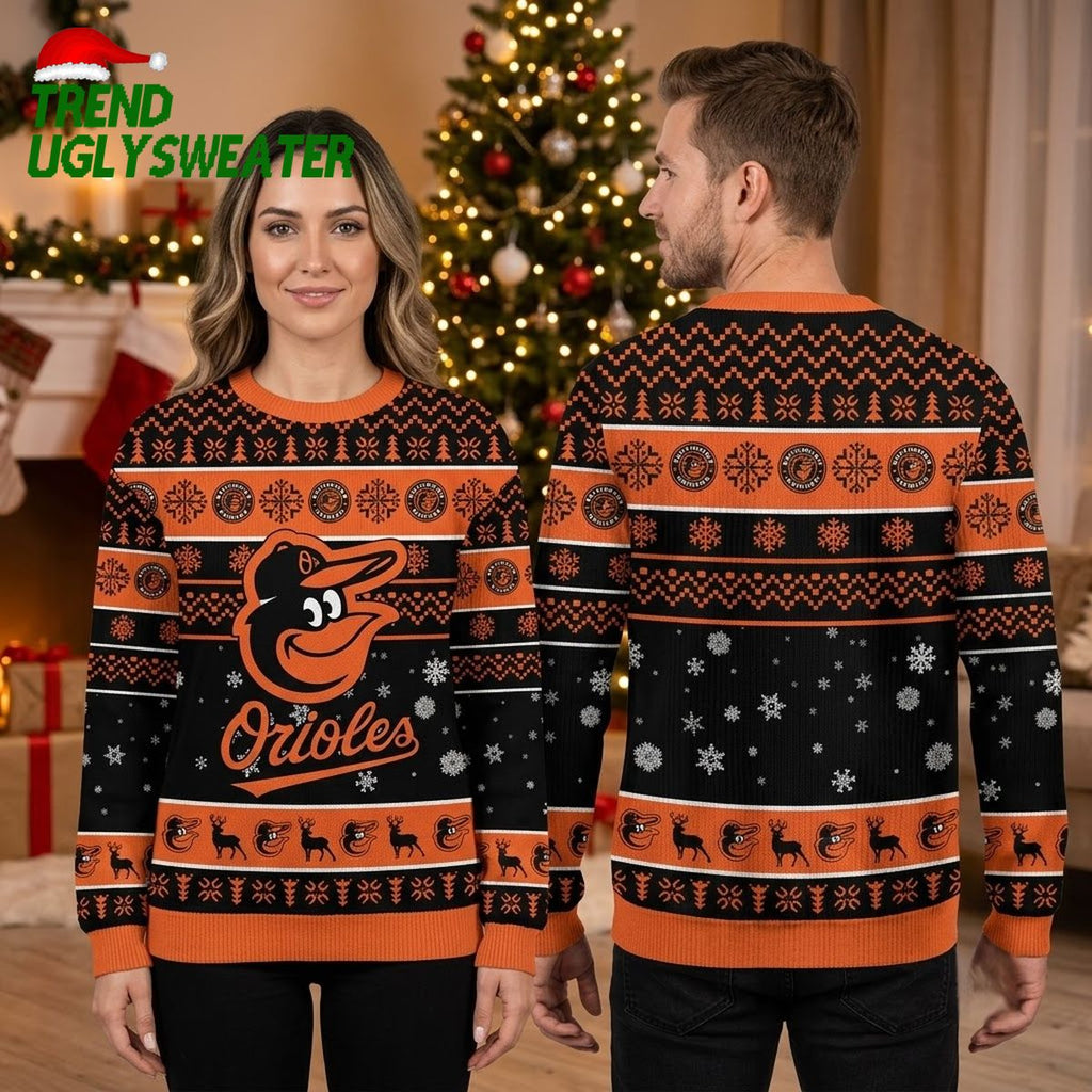 Baltimore Orioles Bird Mascot Snowflake And Reindeer Pattern Ugly Christmas Sweater
