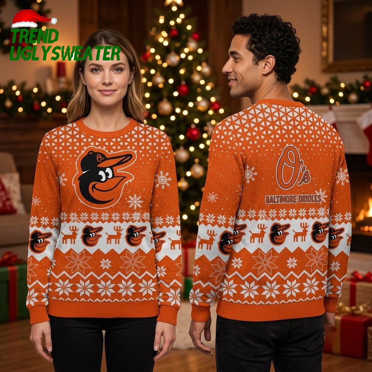 Baltimore Orioles Bird Mascot Snowflake Pattern Ugly Christmas Sweater