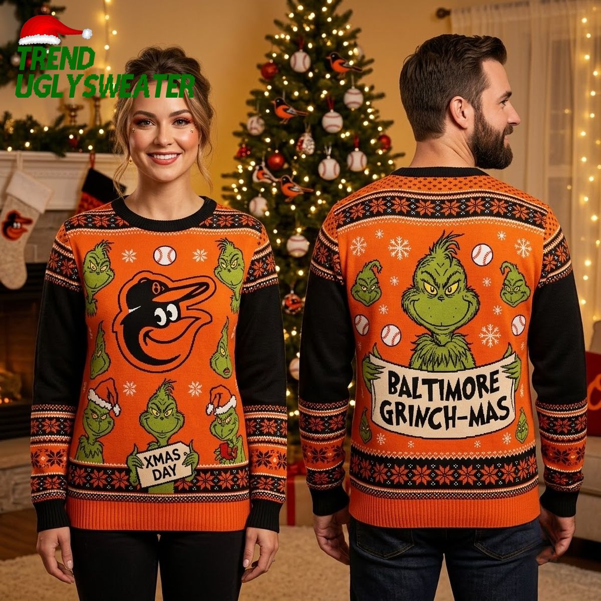 Baltimore Orioles Bird Surrounded By Grinches Ugly Christmas Sweater