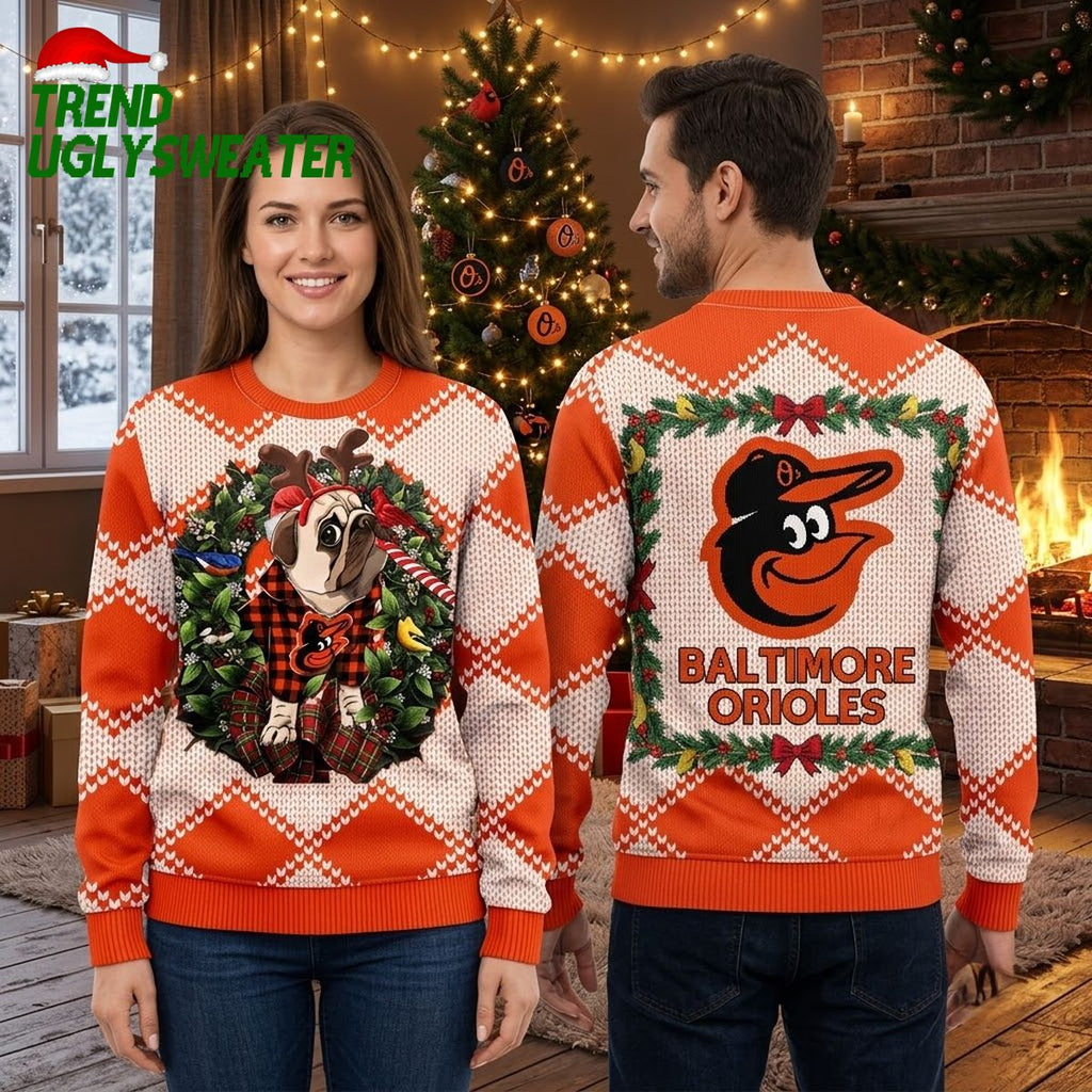 Baltimore Orioles Christmas Pug And Reindeer Wreath Ugly Christmas Sweater