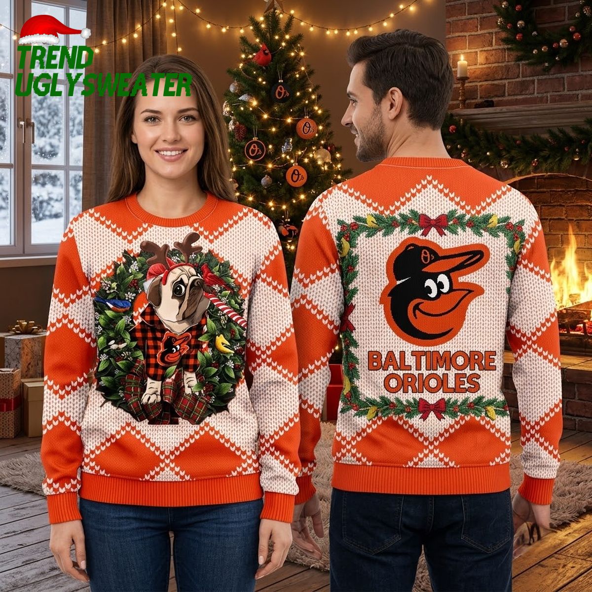 Baltimore Orioles Christmas Pug And Reindeer Wreath Ugly Christmas Sweater