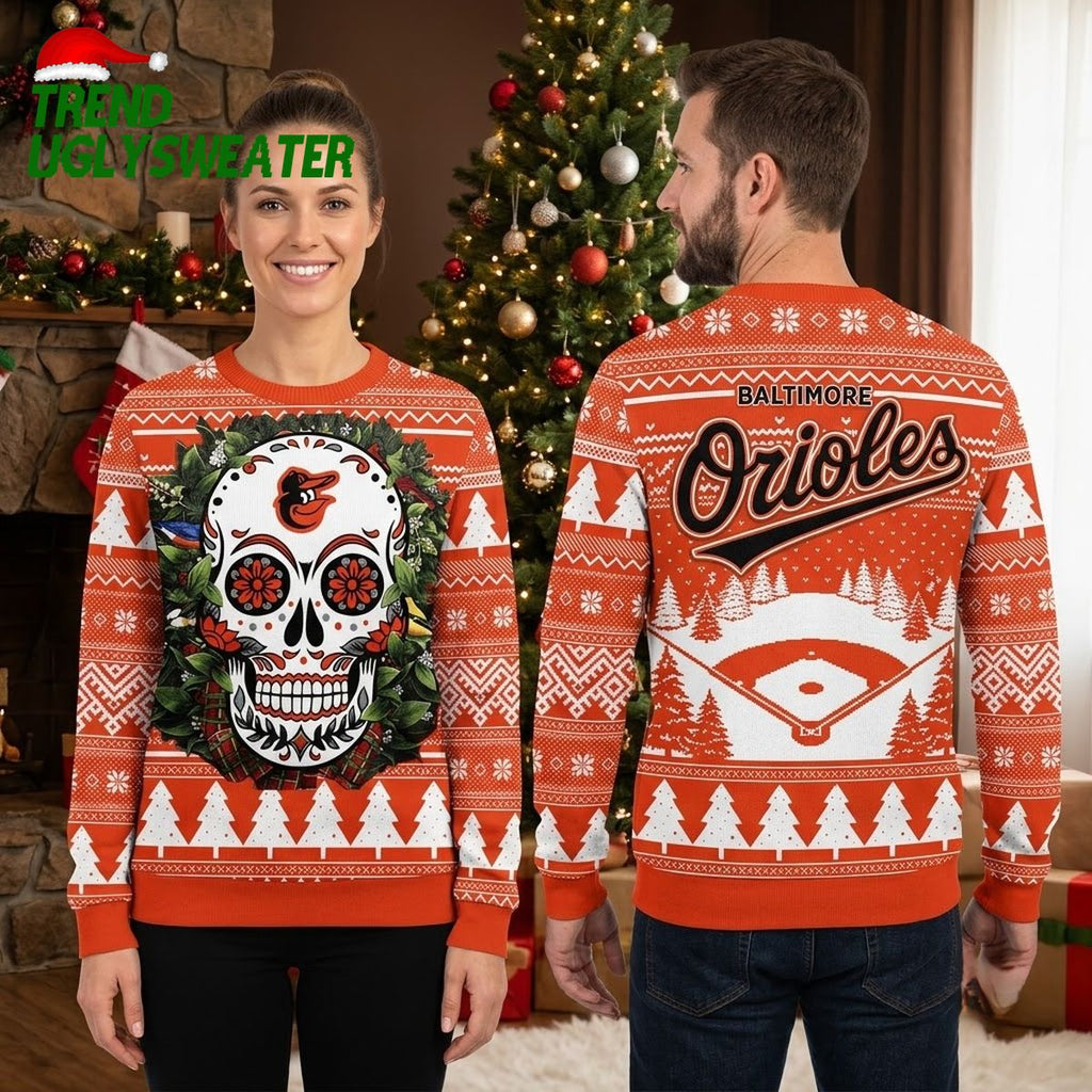 Baltimore Orioles Day Of The Dead Skull Ugly Christmas Sweater