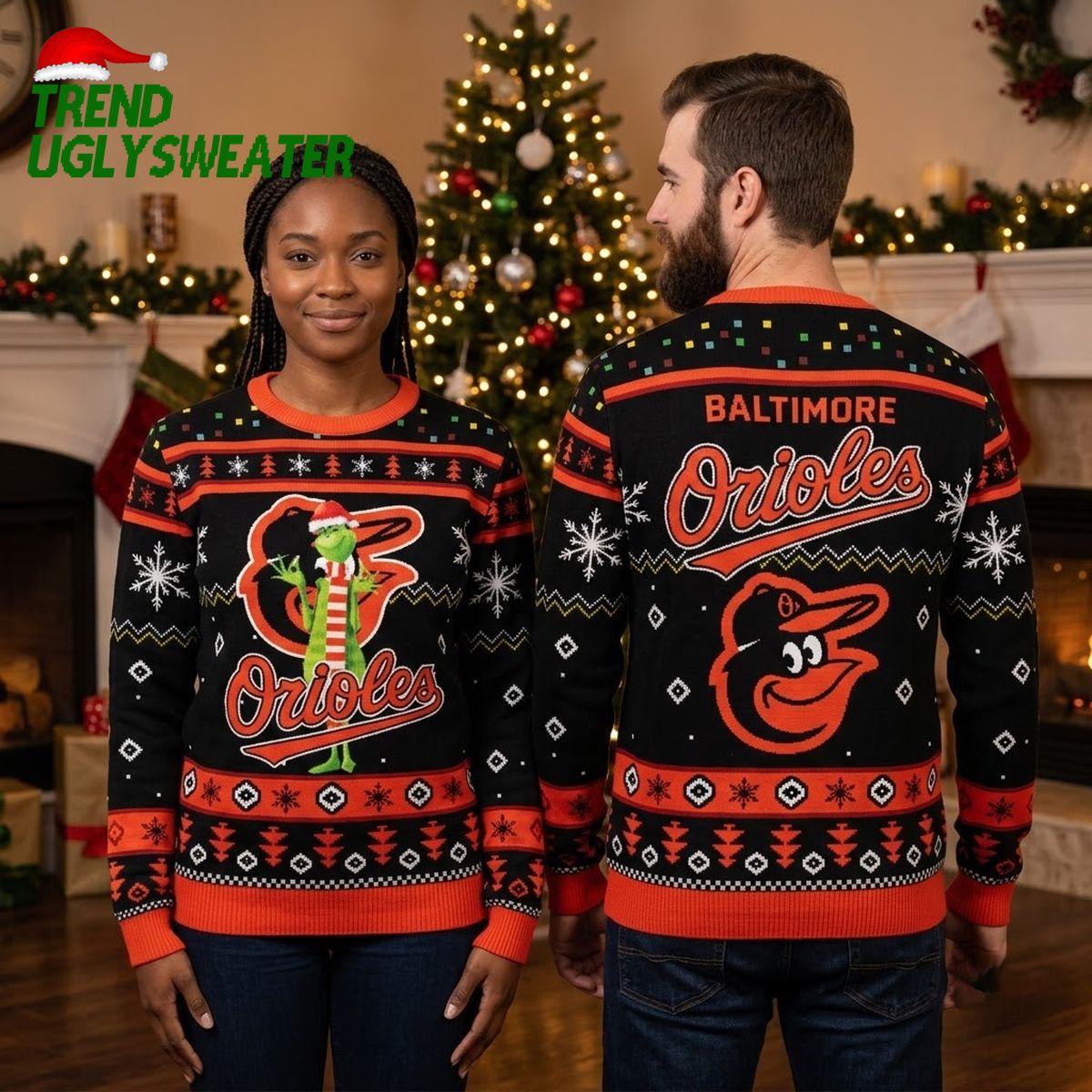 Baltimore Orioles Grinch Wearing Santa Hat Ugly Christmas Sweater