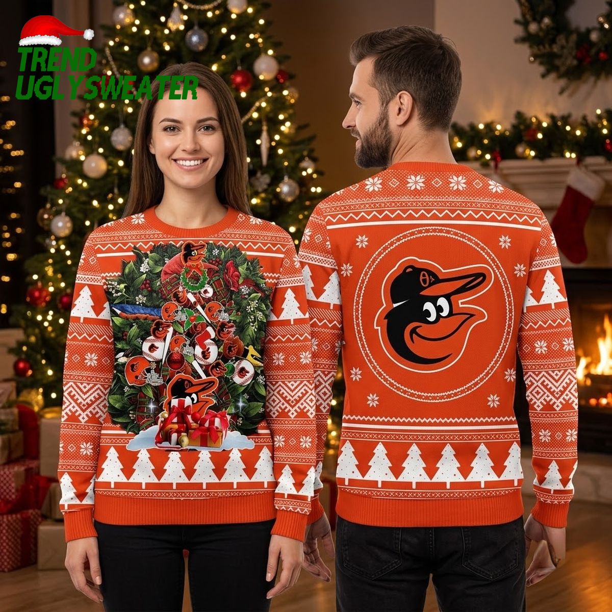 Baltimore Orioles Oriole Bird Baseball Wreath Ugly Christmas Sweater