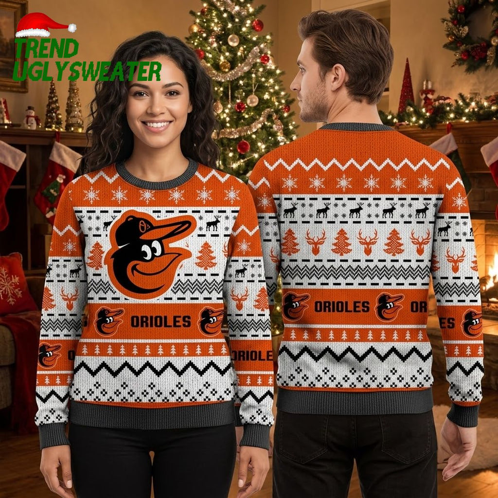 Baltimore Orioles Oriole Bird Deer And Snowflake Pattern Ugly Christmas Sweater