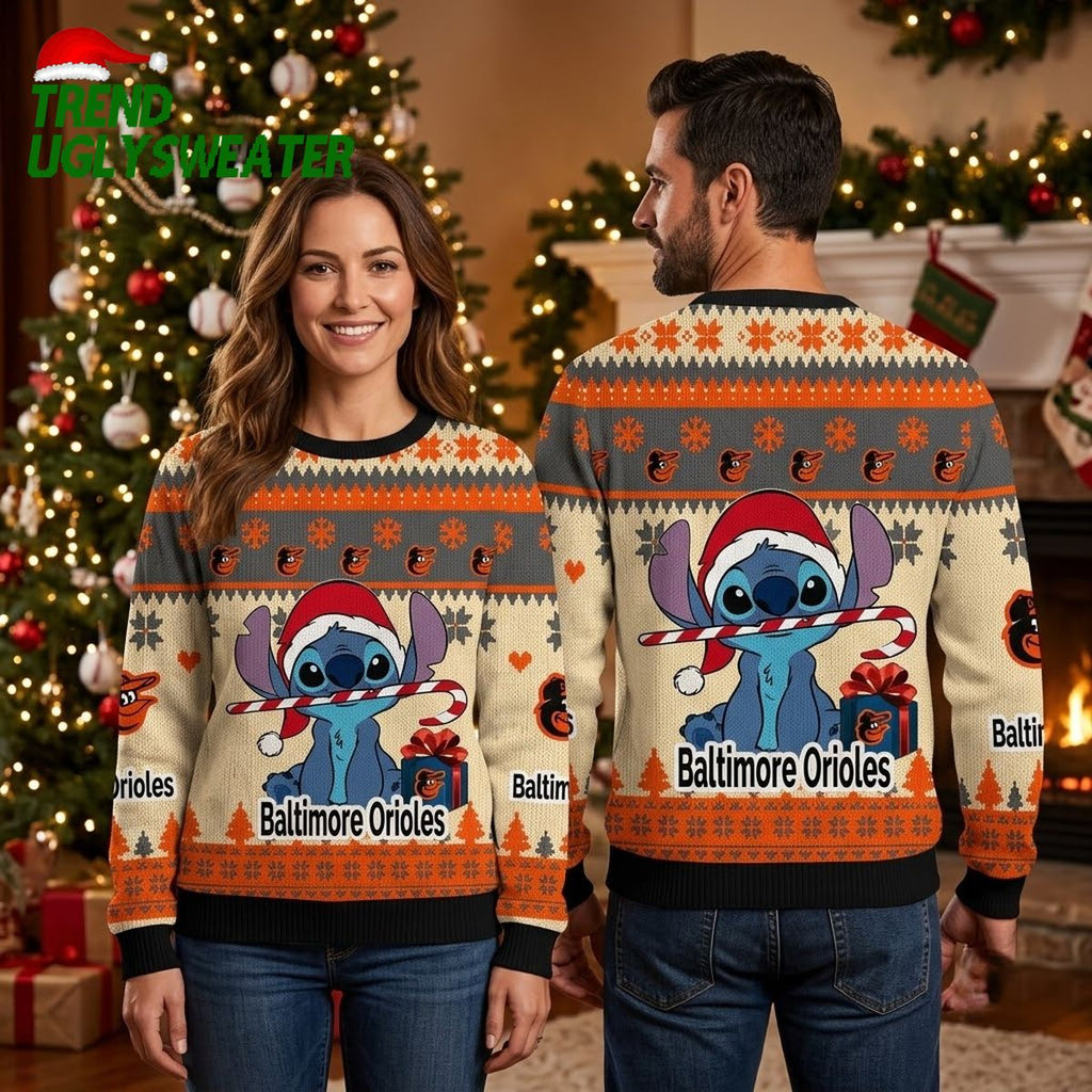 Baltimore Orioles Stitch Santa Hat Ugly Christmas Sweater
