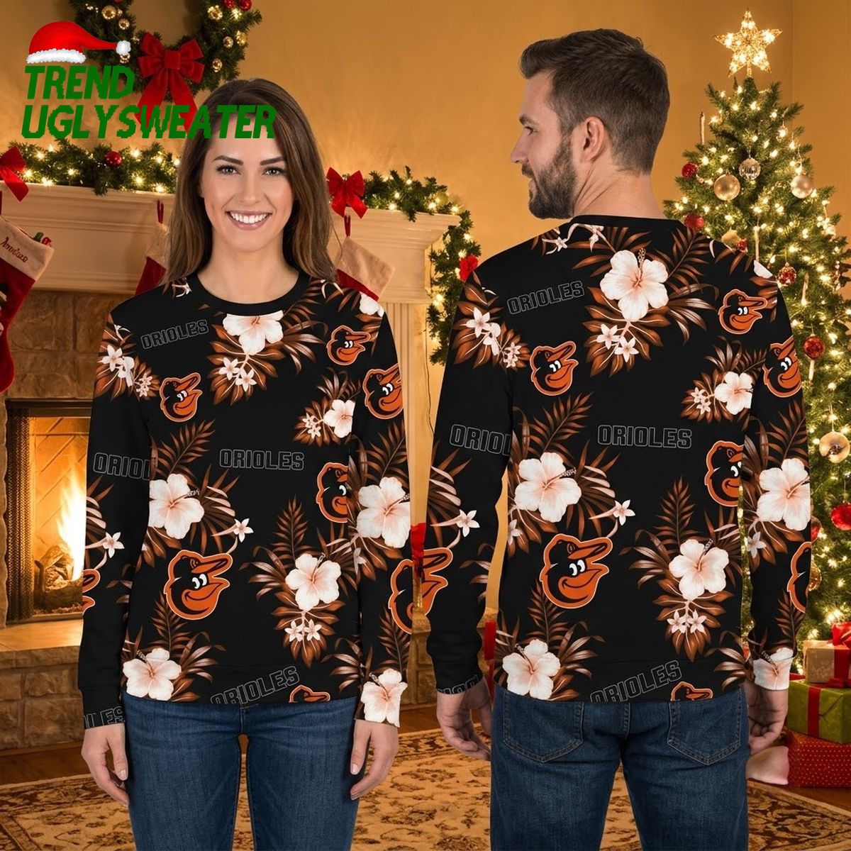 Baltimore Orioles Tropical Floral Mascot Ugly Christmas Sweater