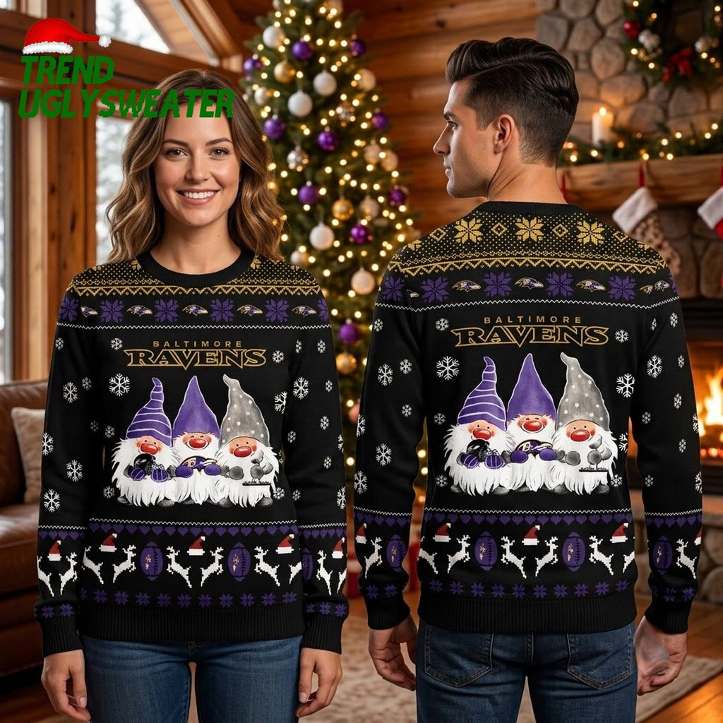 Baltimore Ravens Christmas Gnome Trio Ugly Christmas Sweater